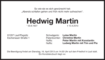 Traueranzeige von Hedwig Martin von Pegnitz-Zeitung